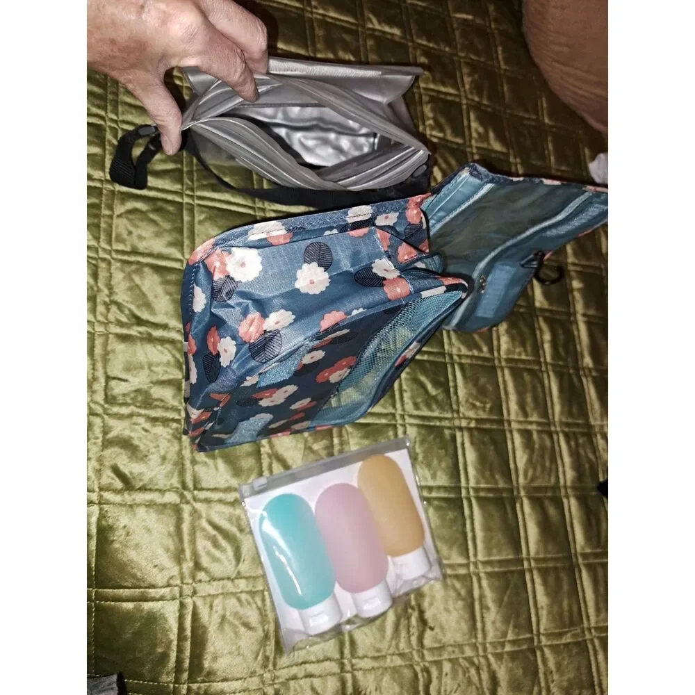 NEW Tri-fold Toiletry Travel Bag with plastic bottles and waterproof shower bag